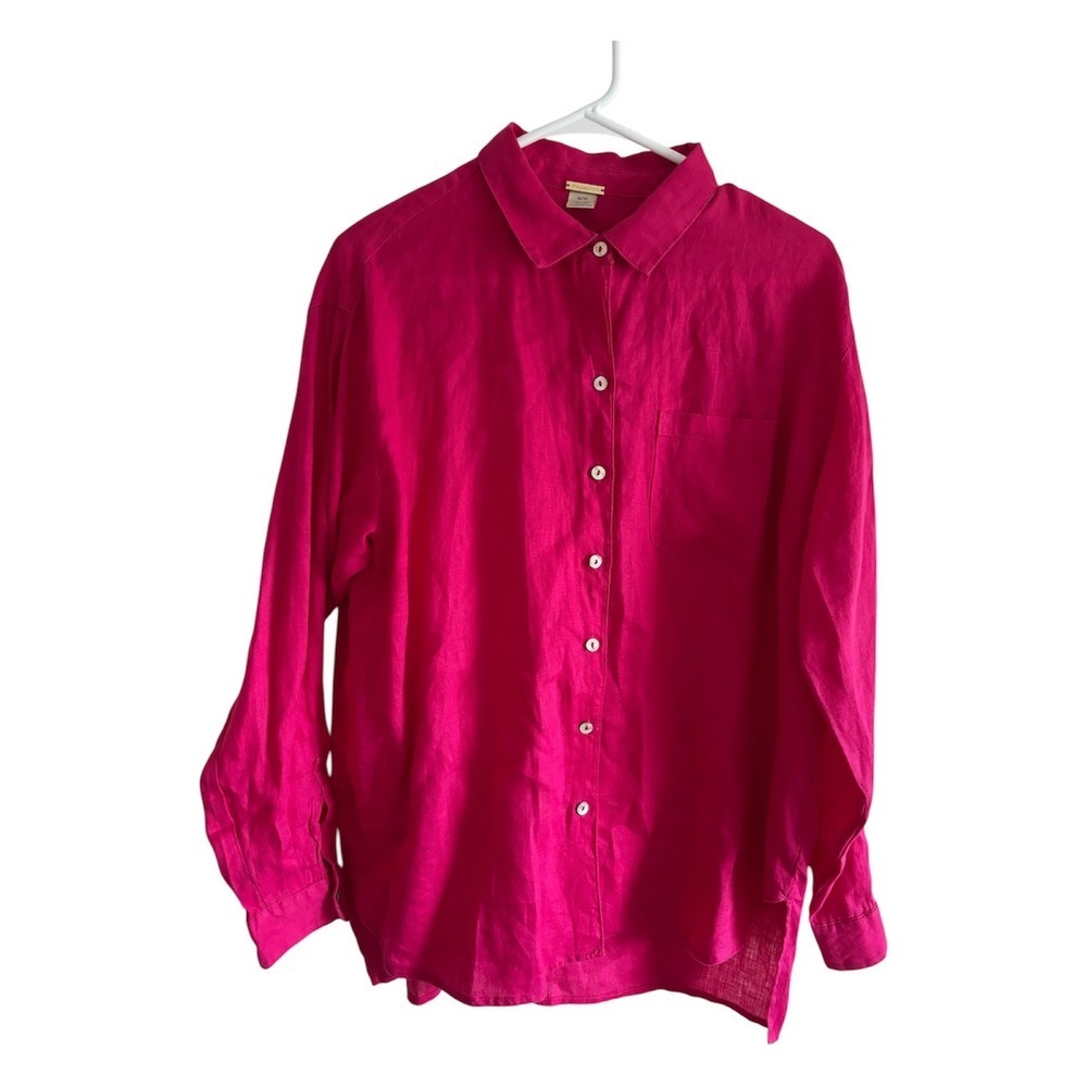 Magaschoni Hot Pink 100% Linen Button Down Shirt sz Med Coastal Summer Resort